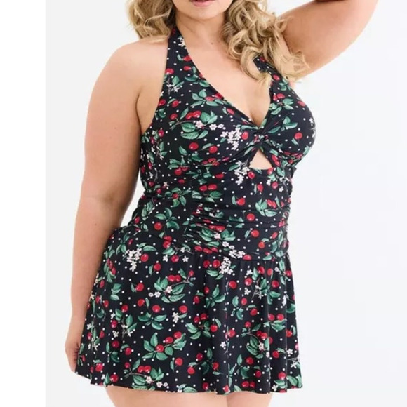 Torrid 2 (2X) Retro Chic Cherry Cherries Halter Swim Dress w/Briefs Swimsuit New - Picture 2 of 6